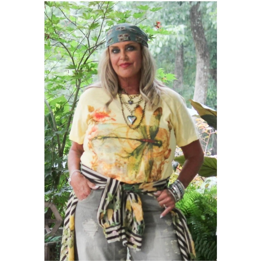 Jaded Gypsy Yellow Dragonfly Floral Graphic Tee Distressed Boho Short Sleeve Top